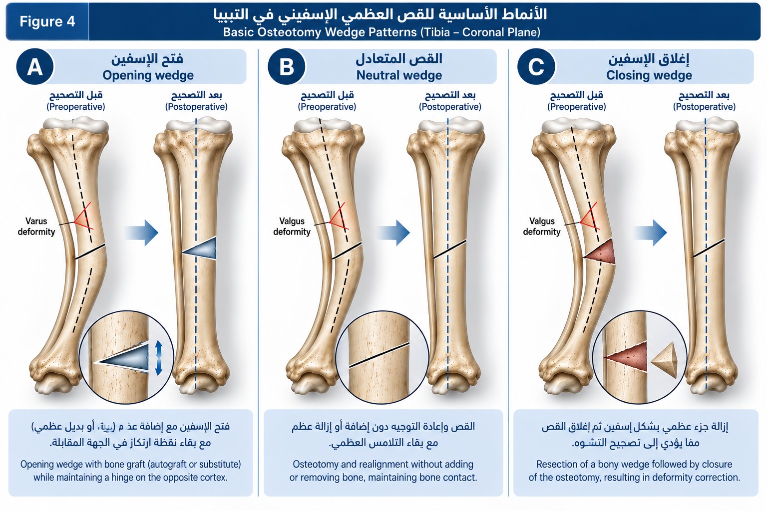الأنماط الأساسية للقص الإسفيني: الفتح والمتعادل والإغلاق في الظنبوب